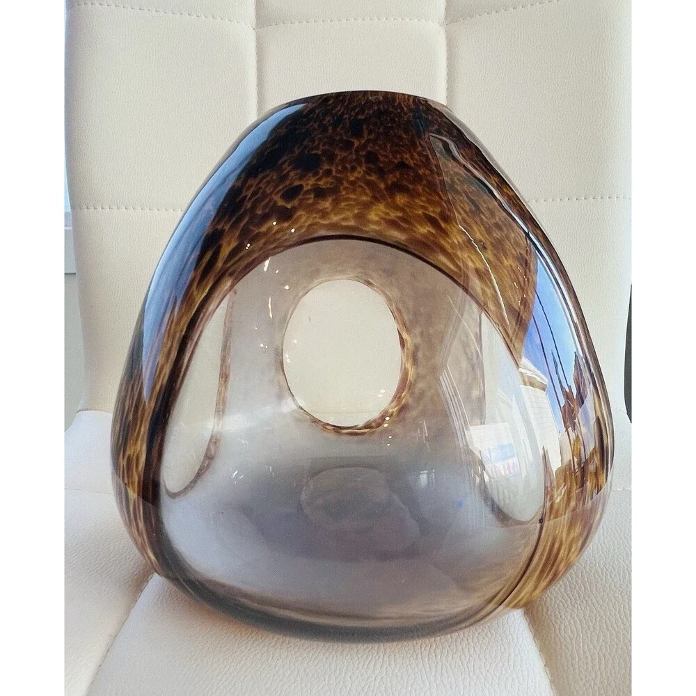 Murano Style Art Glass Vase Tortoiseshell Brown Amber Hand Blown